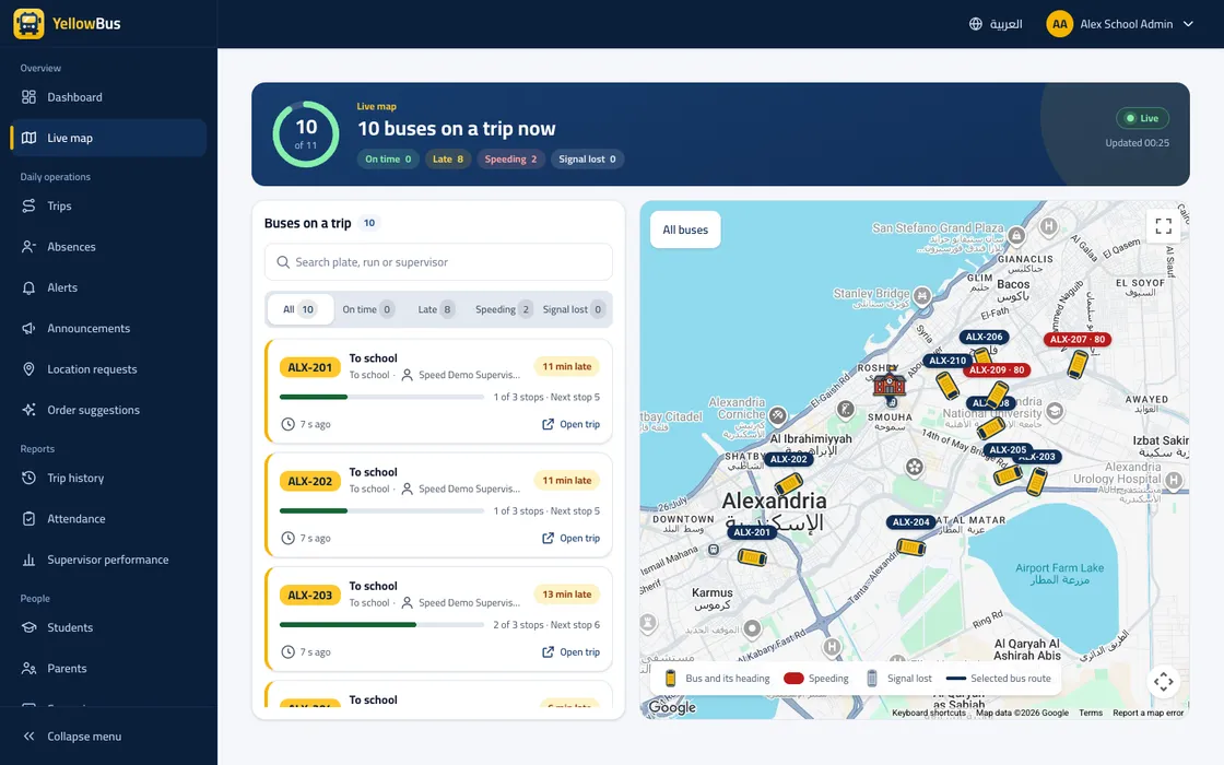 Screenshot of the live map on the website, showing school buses on the move.